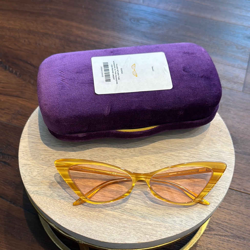 Gucci Yellow Cat-Eye Glasses With Velvet Case Gg0708-S 001 Pink Lenses.